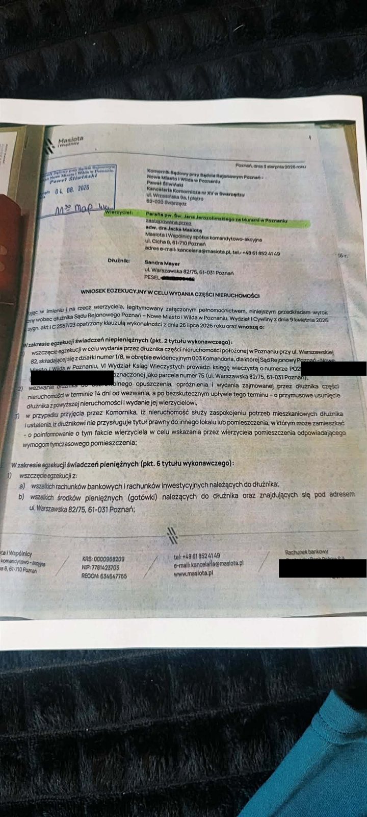 Wniosek egzekucyjny kancelarii Masiota i Wspólnicy z 5 sierpnia 2026 r. — strona 1