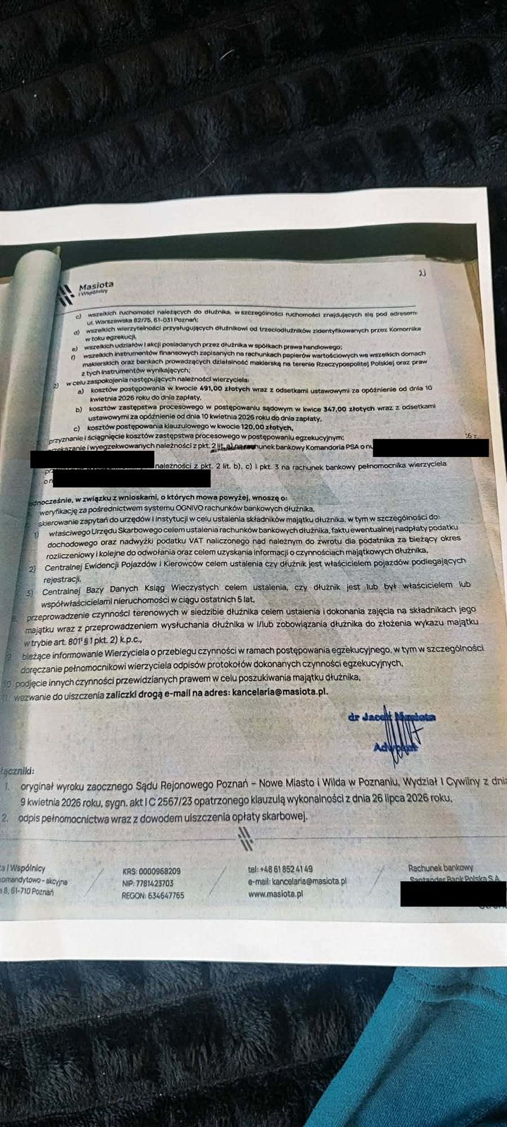 Druga strona wniosku egzekucyjnego kancelarii Masiota i Wspólnicy z wykazem żądań i dyspozycją przelewu wyegzekwowanych kwot