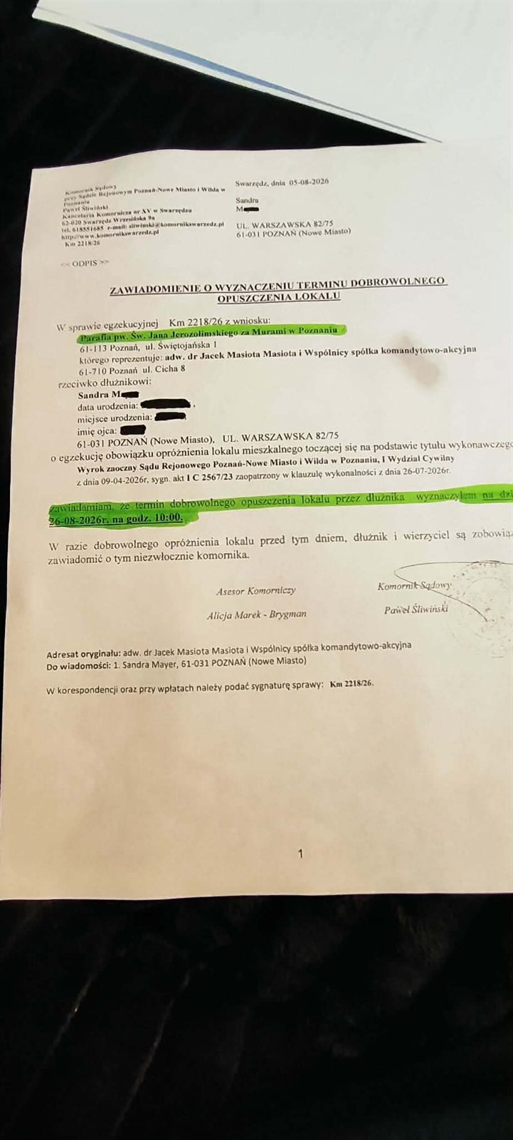 Zawiadomienie komornika o wyznaczeniu terminu dobrowolnego opuszczenia lokalu na 26 sierpnia 2026 roku, godz. 10.00