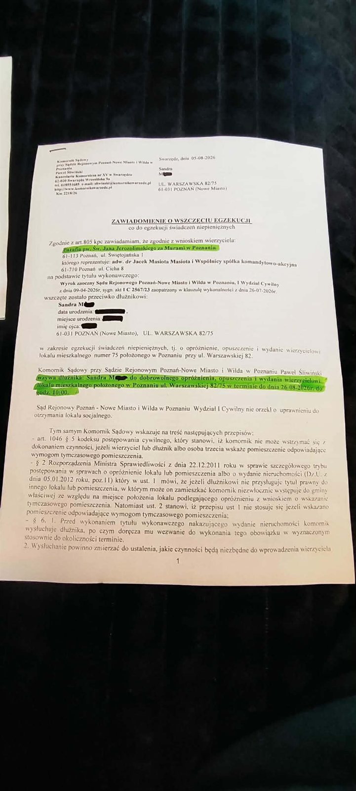 Zawiadomienie komornika o wszczęciu egzekucji, Km 2218/26, z 5 sierpnia 2026 r. — strona 1