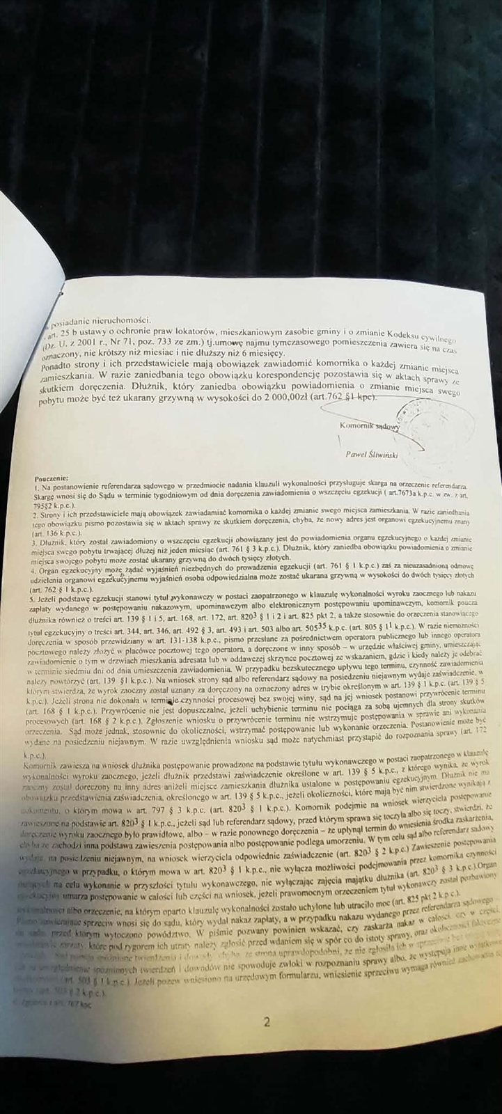 Zawiadomienie o wszczęciu egzekucji — strona 2: pouczenie i podpis komornika