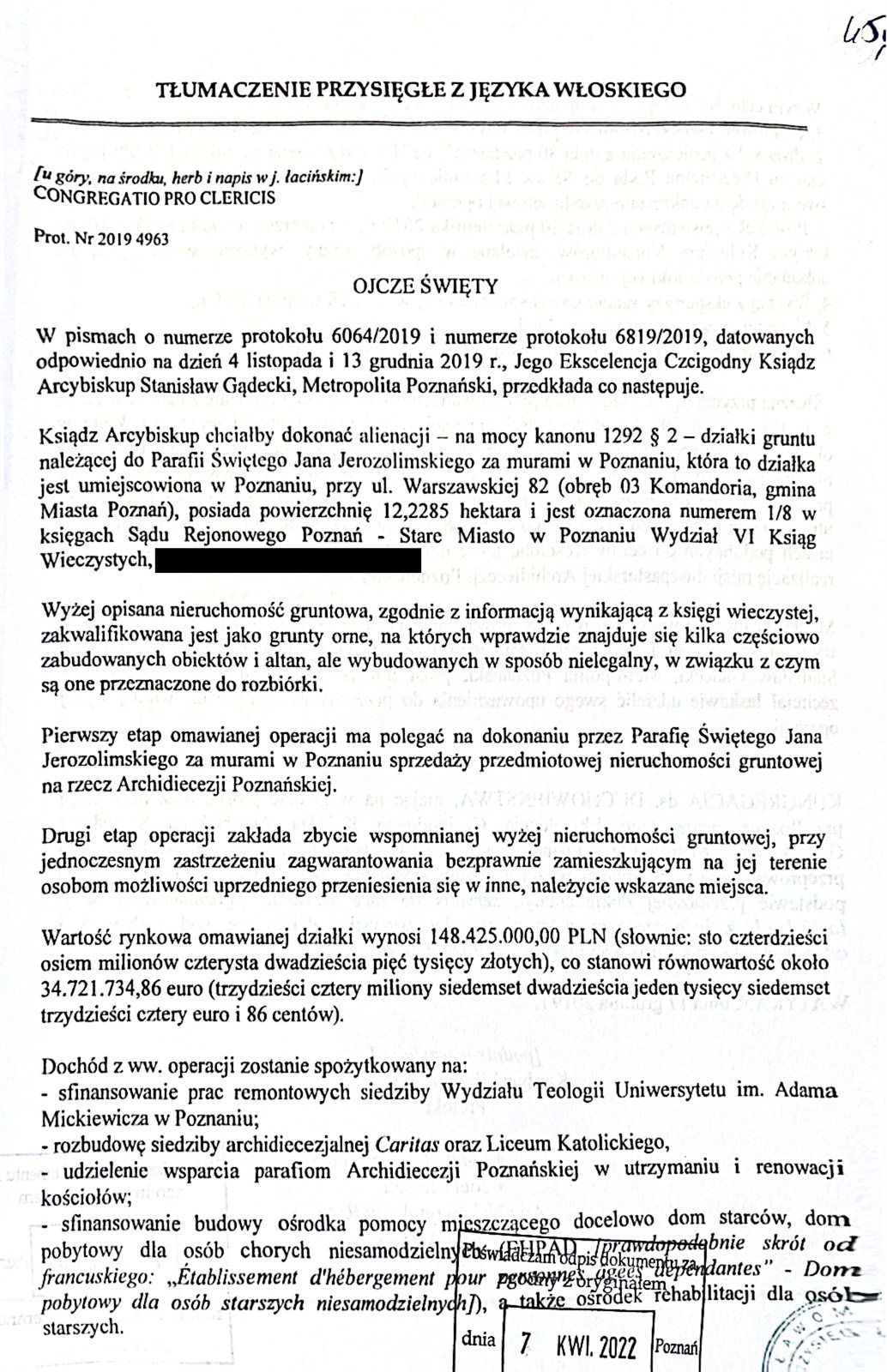 Pierwsza strona przysięgłego tłumaczenia pisma Kongregacji ds. Duchowieństwa dotyczącego zgody na sprzedaż działki przy ul. Warszawskiej 82 w Poznaniu