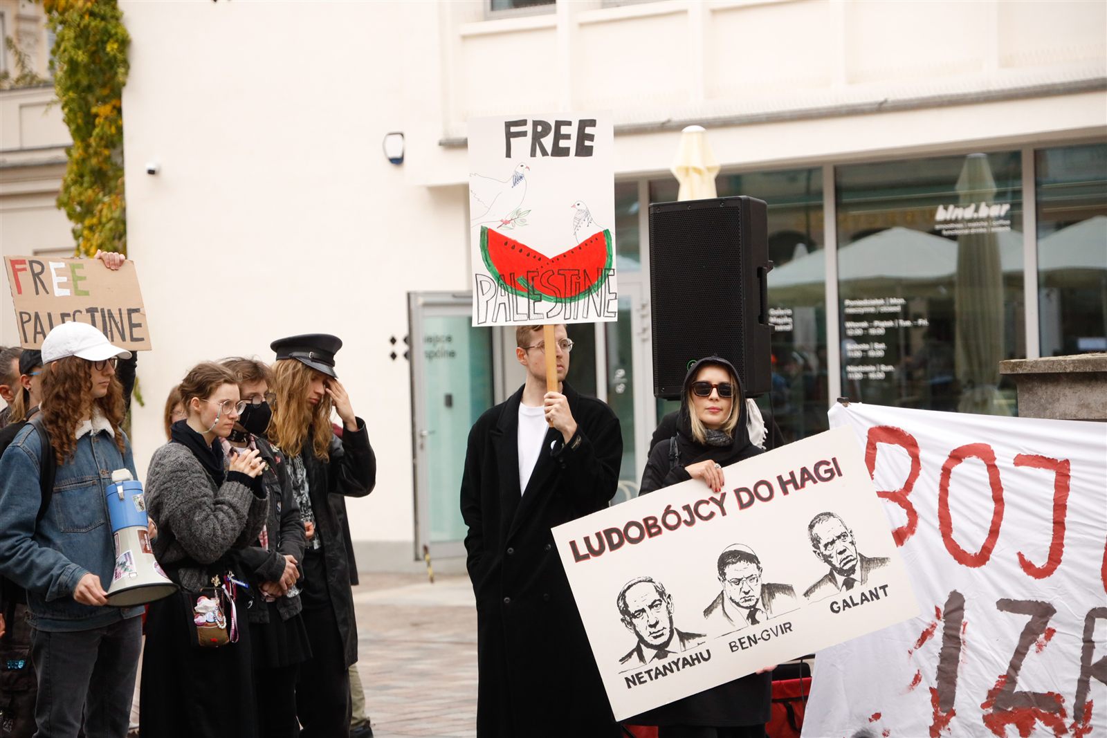 Uczestnicy z planszami „Free Palestine” i „Ludobójcy do Hagi”