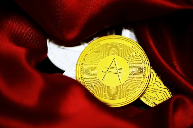 Moneta kryptowaluty na tle czerwonego welurowego materiału