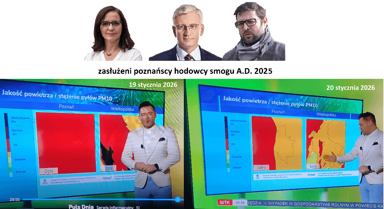 Kolaż: portrety i czerwone mapy jakości powietrza (PM10) nad Poznaniem w styczniu 2026 r.