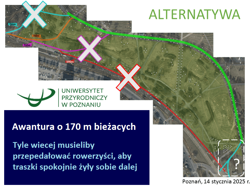 Mapa z alternatywnym przebiegiem trasy rowerowej (170 m) wokół siedliska traszek, Uniwersytet Przyrodniczy w Poznaniu